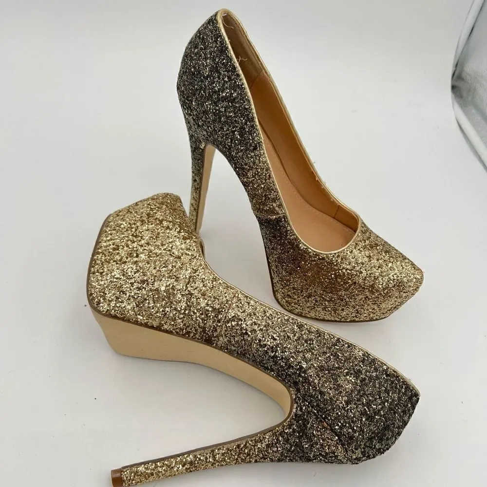 JUSTFAB Giuseppah Glitter Platform Pump GOLD Size 7.5 Sexy!